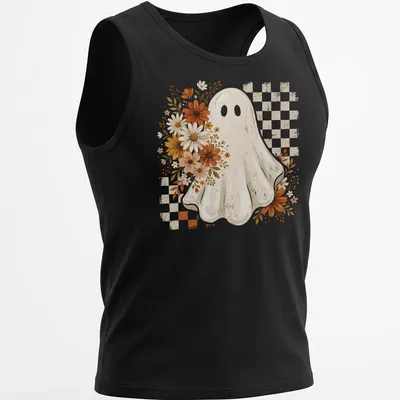 Retro floral ghost design for Halloween in orange, yellow, and brown — printed on a tank top