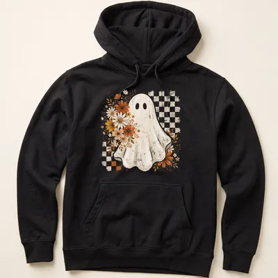 Retro floral ghost design for Halloween in orange, yellow, and brown — printed on a unisex hoodie
