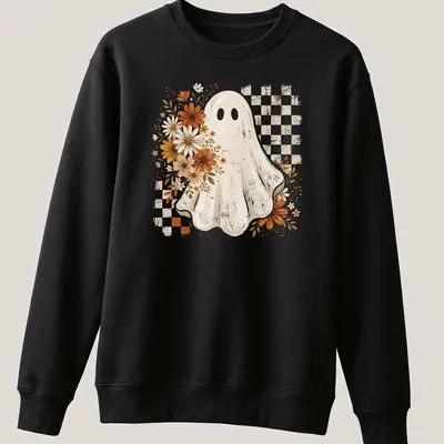 Retro floral ghost design for Halloween in orange, yellow, and brown — printed on a unisex sweatshirt
