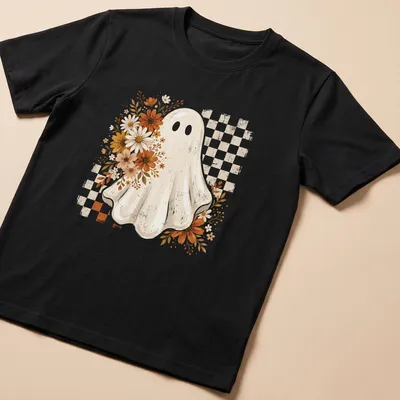 Retro floral ghost design for Halloween in orange, yellow, and brown