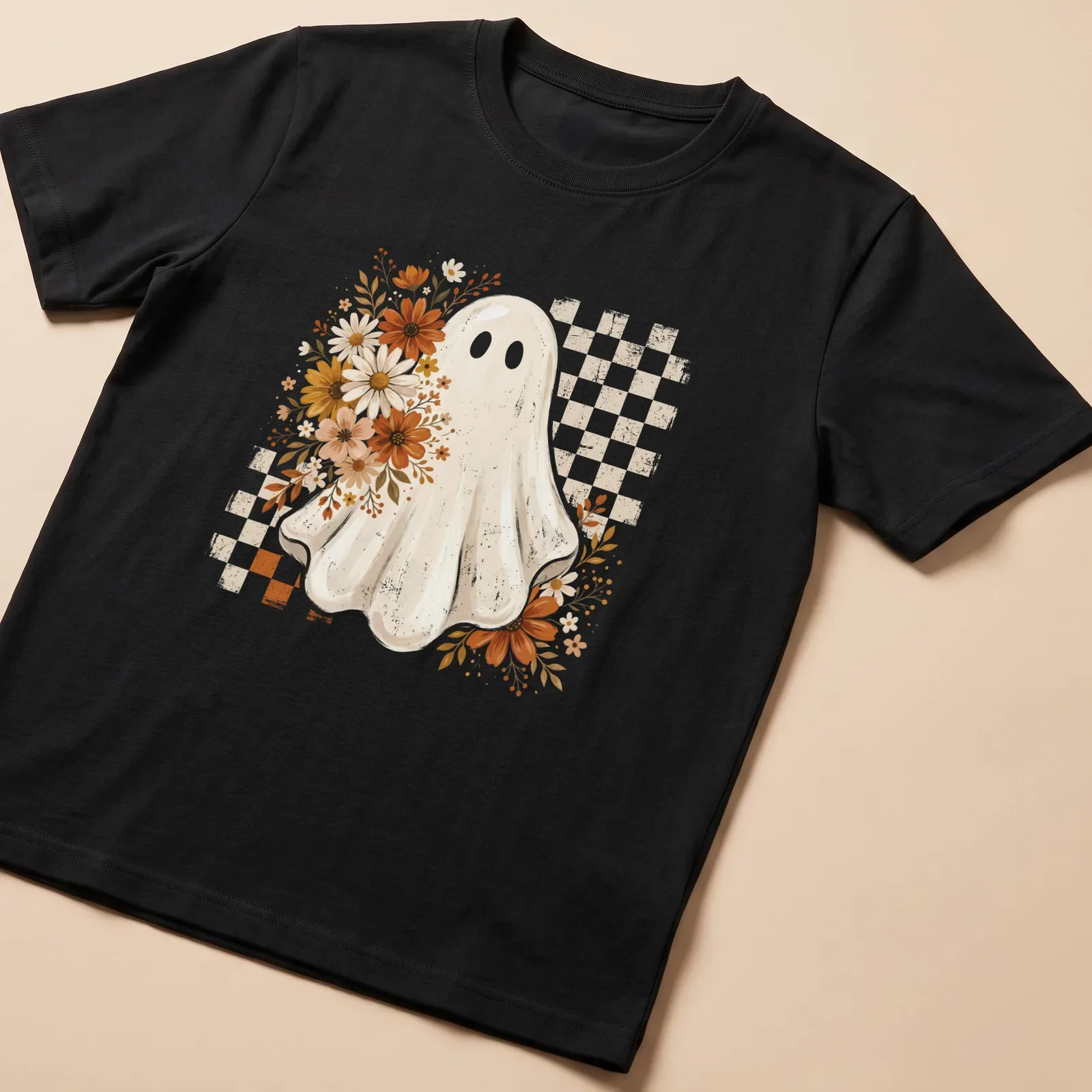 Retro floral ghost design for Halloween in orange, yellow, and brown — printed on a unisex t-shirt
