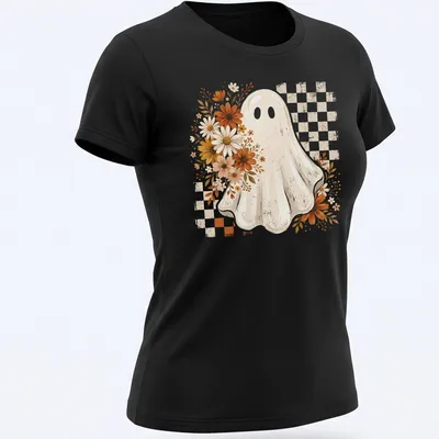 Retro floral ghost design for Halloween in orange, yellow, and brown — printed on a women's shirt