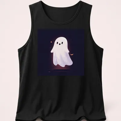 Kawaii ghost design in white and black with orange and purple accents — printed on a tank top