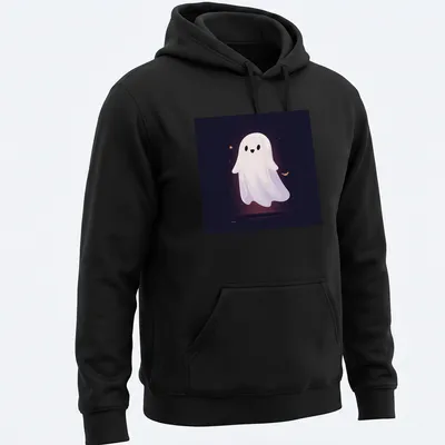 Kawaii ghost design in white and black with orange and purple accents — printed on a unisex hoodie
