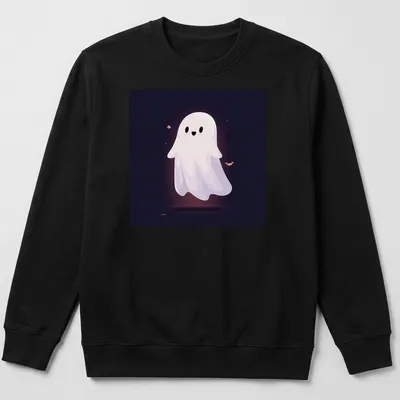 Kawaii ghost design in white and black with orange and purple accents — printed on a unisex sweatshirt
