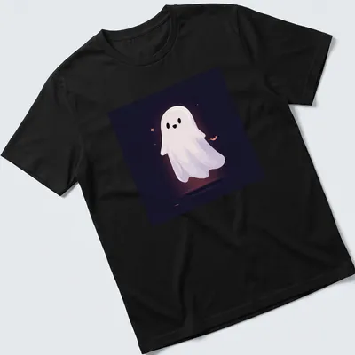 Kawaii ghost design in white and black with orange and purple accents