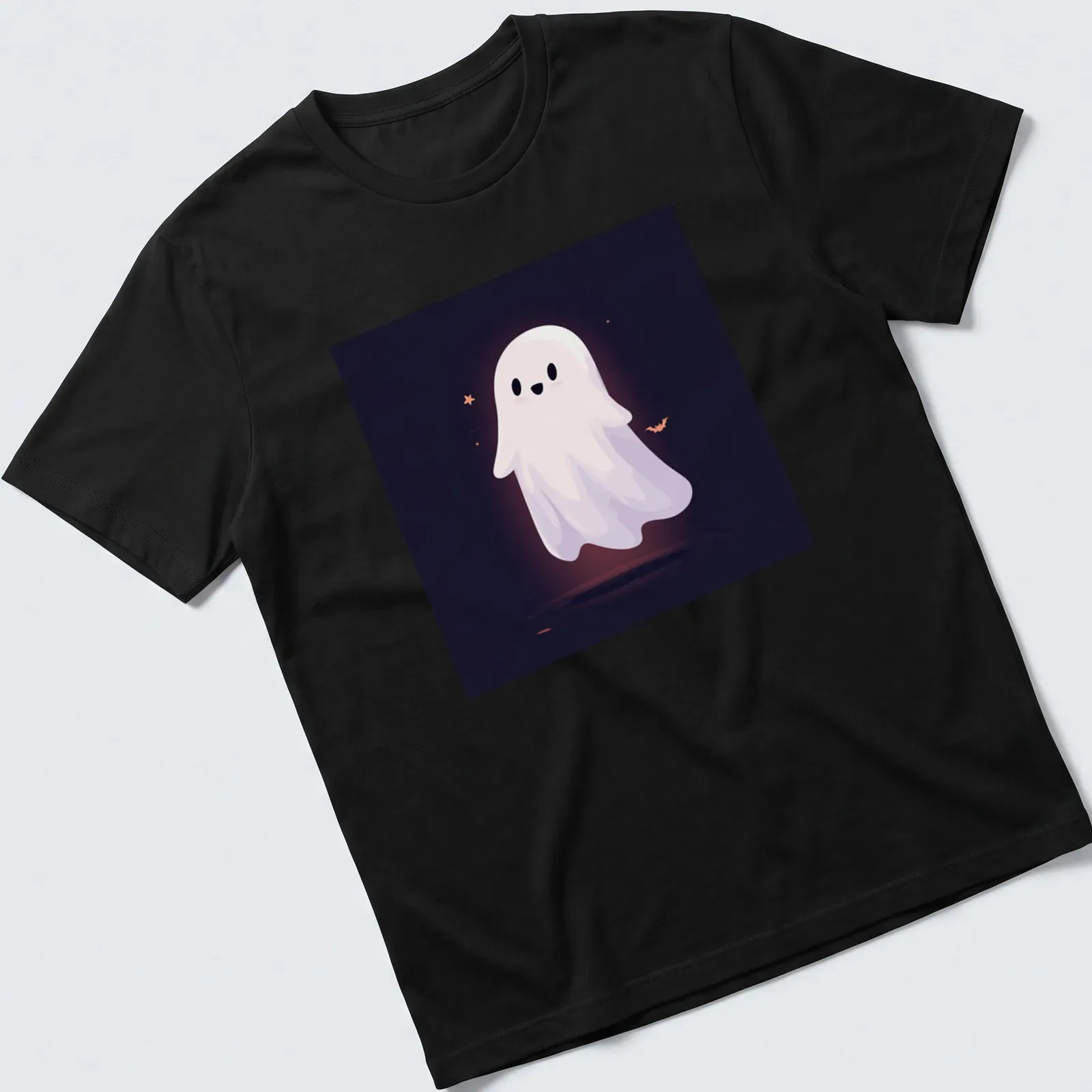Kawaii ghost design in white and black with orange and purple accents — printed on a unisex t-shirt