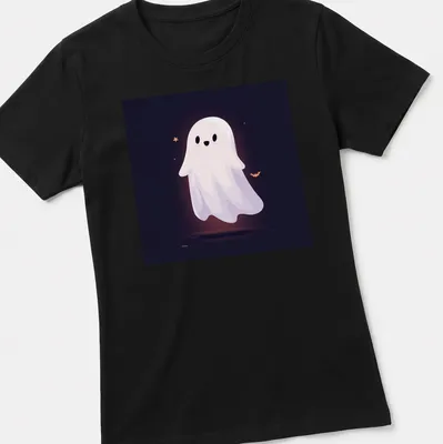 Kawaii ghost design in white and black with orange and purple accents — printed on a women's shirt