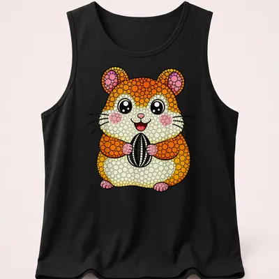 Kawaii style hamster holding a seed in orange, pink, and yellow colors — printed on a tank top