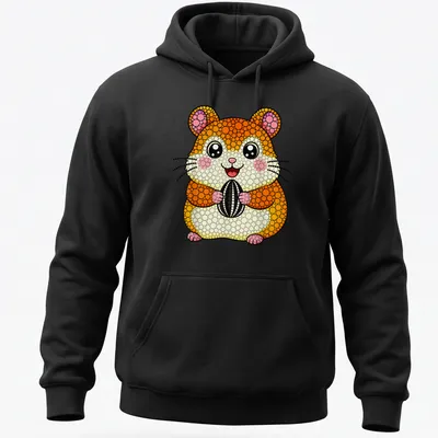 Kawaii style hamster holding a seed in orange, pink, and yellow colors — printed on a unisex hoodie