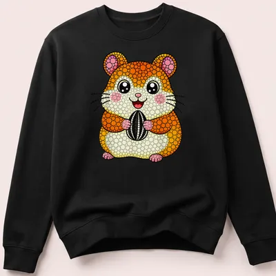 Kawaii style hamster holding a seed in orange, pink, and yellow colors — printed on a unisex sweatshirt