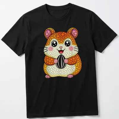 Kawaii style hamster holding a seed in orange, pink, and yellow colors