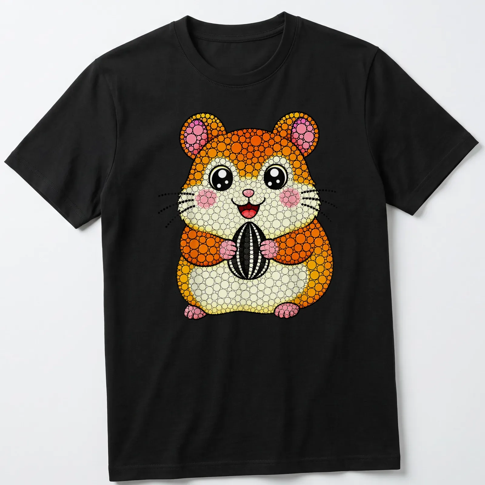 Kawaii style hamster holding a seed in orange, pink, and yellow colors — printed on a unisex t-shirt