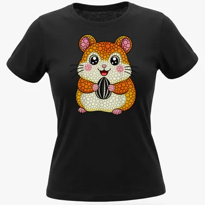 Kawaii style hamster holding a seed in orange, pink, and yellow colors — printed on a women's shirt