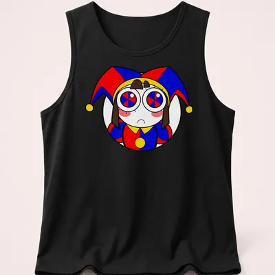 Cartoonish harlequin character with colorful text for The Amazing Digital Circus. — printed on a tank top