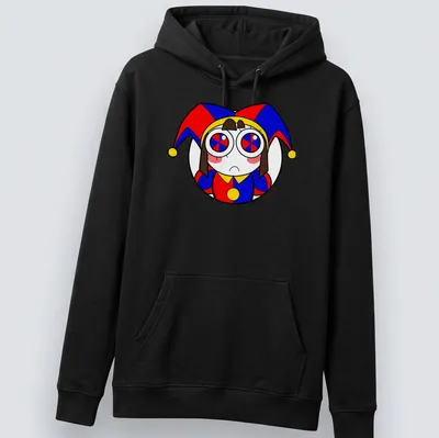 Cartoonish harlequin character with colorful text for The Amazing Digital Circus. — printed on a unisex hoodie