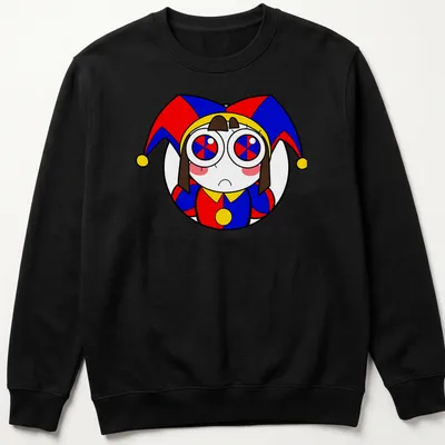 Cartoonish harlequin character with colorful text for The Amazing Digital Circus. — printed on a unisex sweatshirt