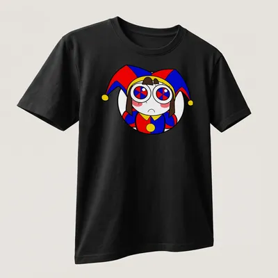 Cartoonish harlequin character with colorful text for The Amazing Digital Circus. — printed on a unisex t-shirt (angled view)