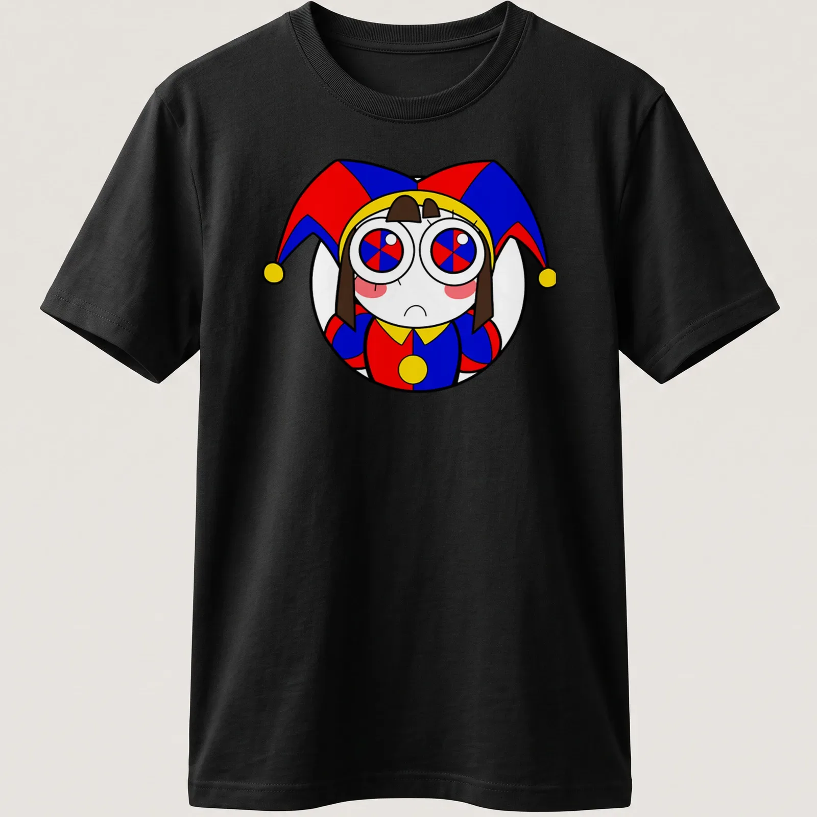 Cartoonish harlequin character with colorful text for The Amazing Digital Circus. — printed on a unisex t-shirt