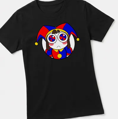 Cartoonish harlequin character with colorful text for The Amazing Digital Circus. — printed on a women's shirt