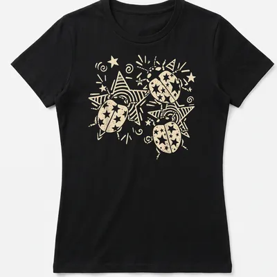 Y2K grunge design featuring a cute ladybug in cream and white colors — printed on a women's shirt
