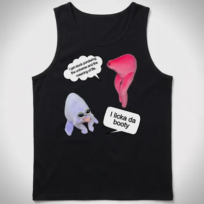 Playful cartoon t-shirt showcasing plush characters with humorous text about pondering life. — printed on a tank top