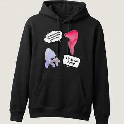 Playful cartoon t-shirt showcasing plush characters with humorous text about pondering life. — printed on a unisex hoodie