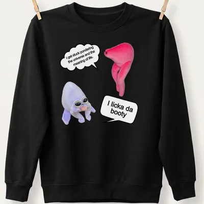 Playful cartoon t-shirt showcasing plush characters with humorous text about pondering life. — printed on a unisex sweatshirt