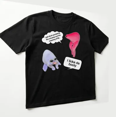 Playful cartoon t-shirt showcasing plush characters with humorous text about pondering life. — printed on a unisex t-shirt (angled view)