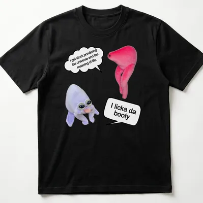 Playful cartoon t-shirt showcasing plush characters with humorous text about pondering life.