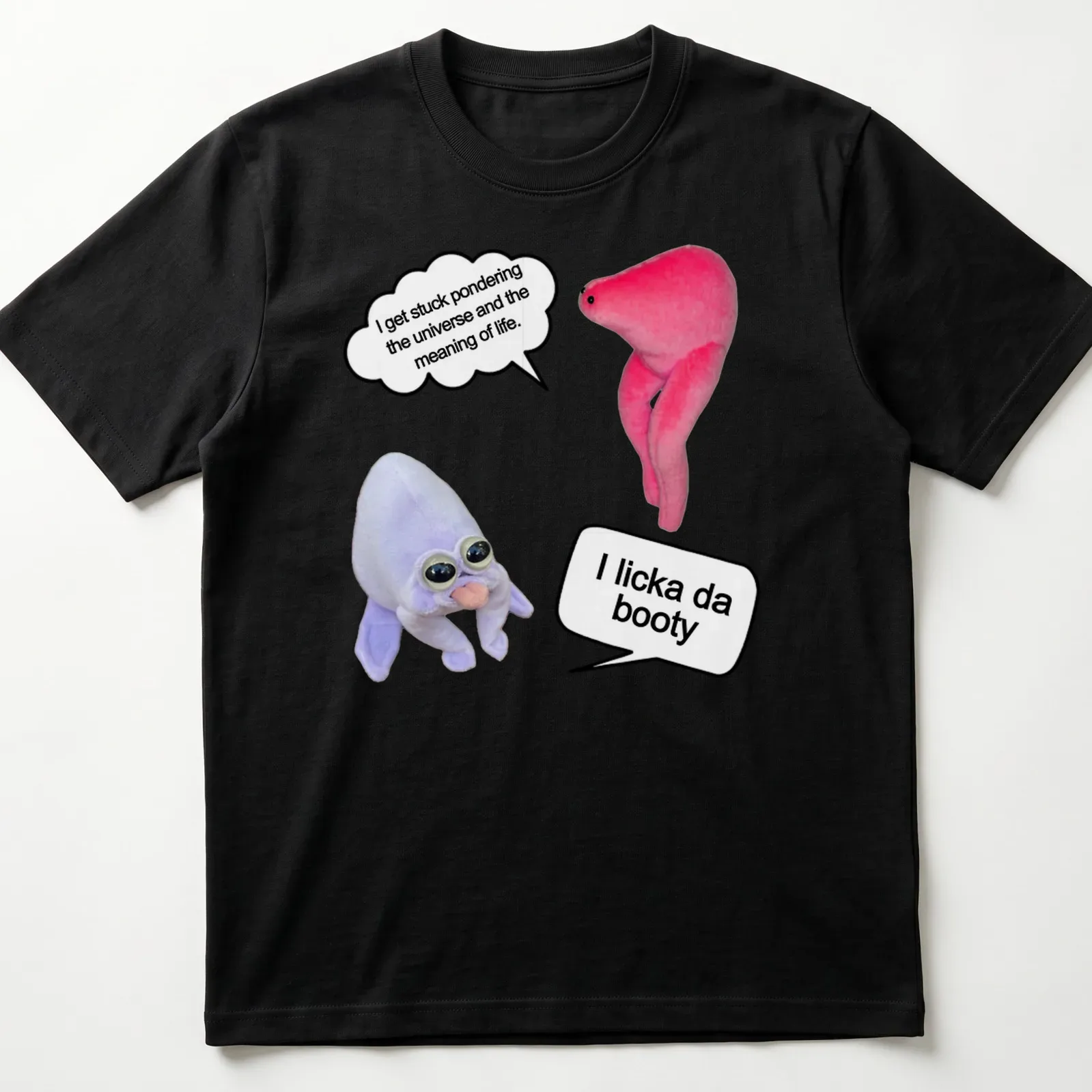 Playful cartoon t-shirt showcasing plush characters with humorous text about pondering life. — printed on a unisex t-shirt