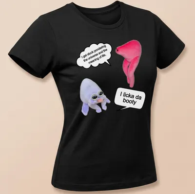 Playful cartoon t-shirt showcasing plush characters with humorous text about pondering life. — printed on a women's shirt