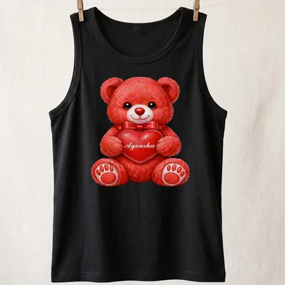 Realistic print of a cute red teddy bear holding a pink heart with the name Ayousha — printed on a tank top