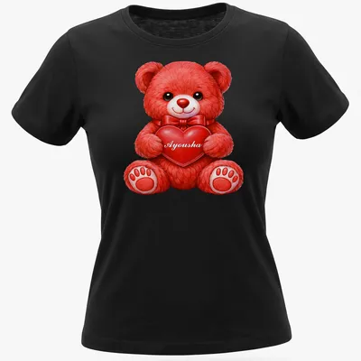 Realistic print of a cute red teddy bear holding a pink heart with the name Ayousha — printed on a women's shirt