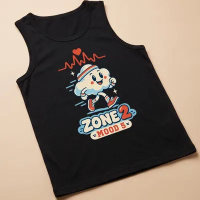 Cute retro running cloud mascot with ZONE 2 MOOD 5 text — printed on a tank top