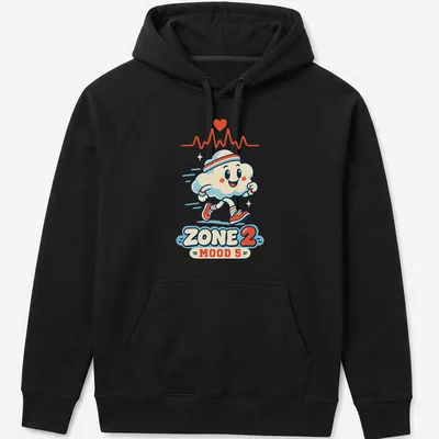Cute retro running cloud mascot with ZONE 2 MOOD 5 text — printed on a unisex hoodie