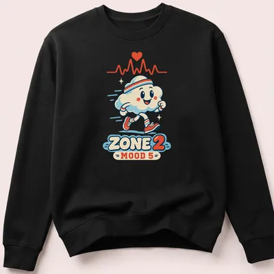Cute retro running cloud mascot with ZONE 2 MOOD 5 text — printed on a unisex sweatshirt