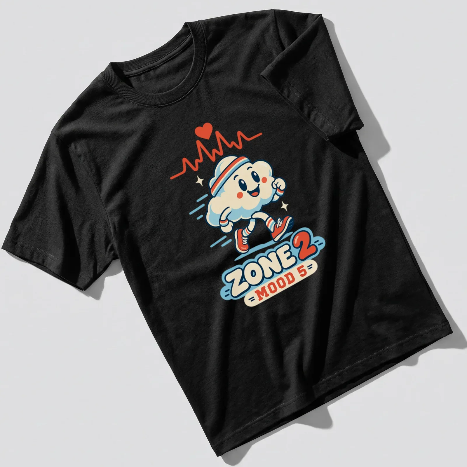 Cute retro running cloud mascot with ZONE 2 MOOD 5 text — printed on a unisex t-shirt