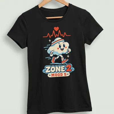 Cute retro running cloud mascot with ZONE 2 MOOD 5 text — printed on a women's shirt