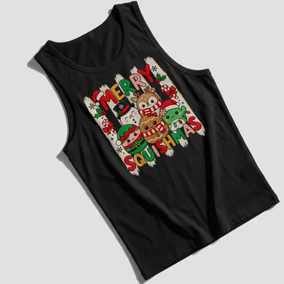 Kawaii style t-shirt featuring cute holiday characters and Merry Squishmas text — printed on a tank top