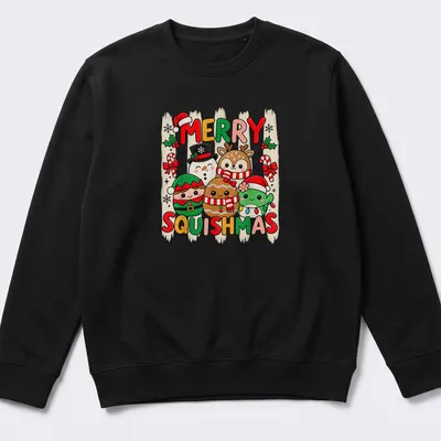 Kawaii style t-shirt featuring cute holiday characters and Merry Squishmas text — printed on a unisex sweatshirt