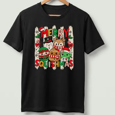 Kawaii style t-shirt featuring cute holiday characters and Merry Squishmas text — printed on a unisex t-shirt
