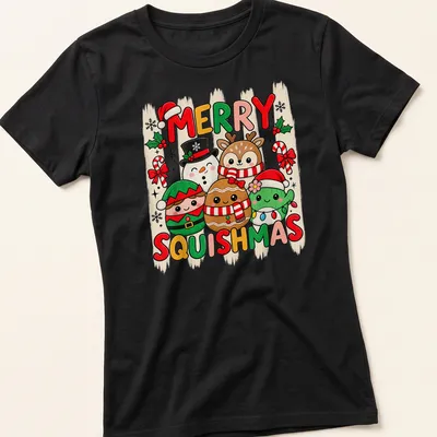 Kawaii style t-shirt featuring cute holiday characters and Merry Squishmas text — printed on a women's shirt