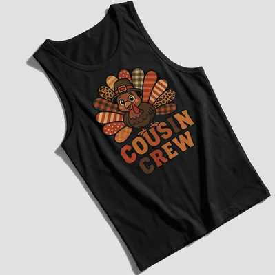 Cartoon turkey design with 'Cousin Crew' text, bright colors for Thanksgiving. — printed on a tank top