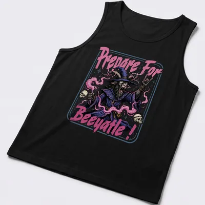 Vintage horror style witch graphic with goat and text Prepare For Beeyatle! — printed on a tank top