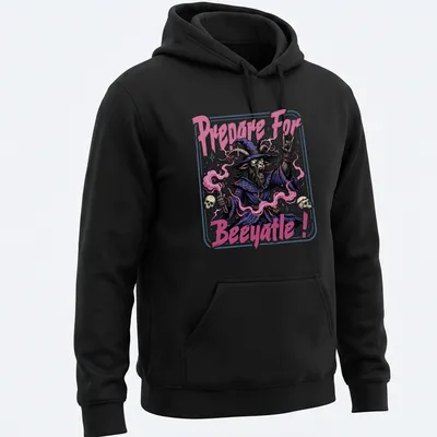 Vintage horror style witch graphic with goat and text Prepare For Beeyatle! — printed on a unisex hoodie