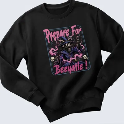 Vintage horror style witch graphic with goat and text Prepare For Beeyatle! — printed on a unisex sweatshirt