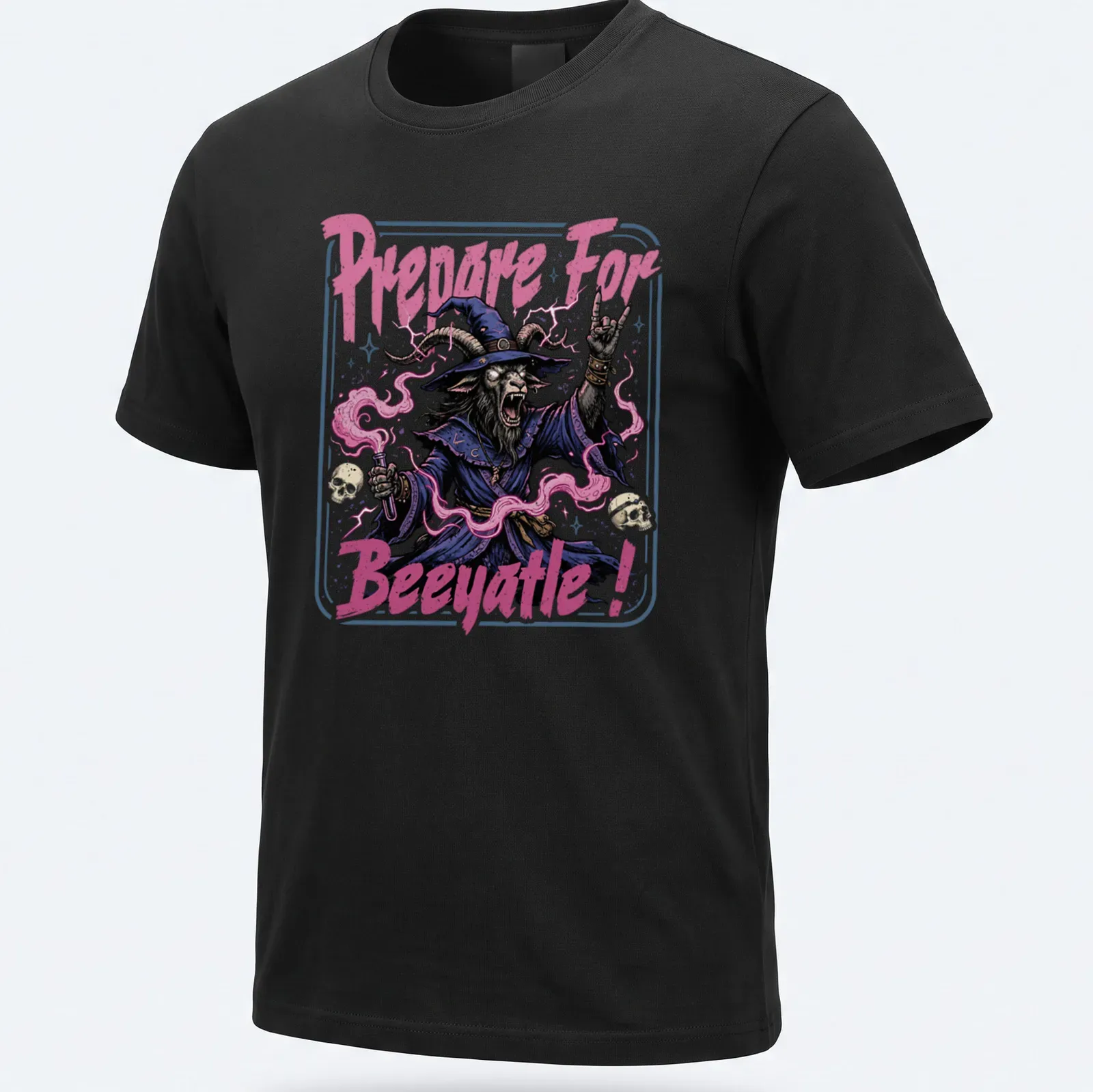 Vintage horror style witch graphic with goat and text Prepare For Beeyatle! — printed on a unisex t-shirt
