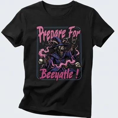 Vintage horror style witch graphic with goat and text Prepare For Beeyatle! — printed on a women's shirt