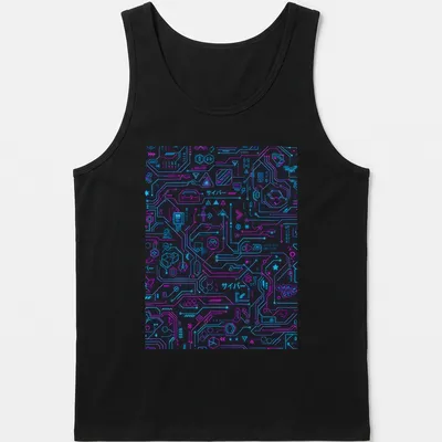 Futuristic neon pattern t-shirt featuring the text 'サイバー データ' in black, neon blue, and neon pink. — printed on a tank top
